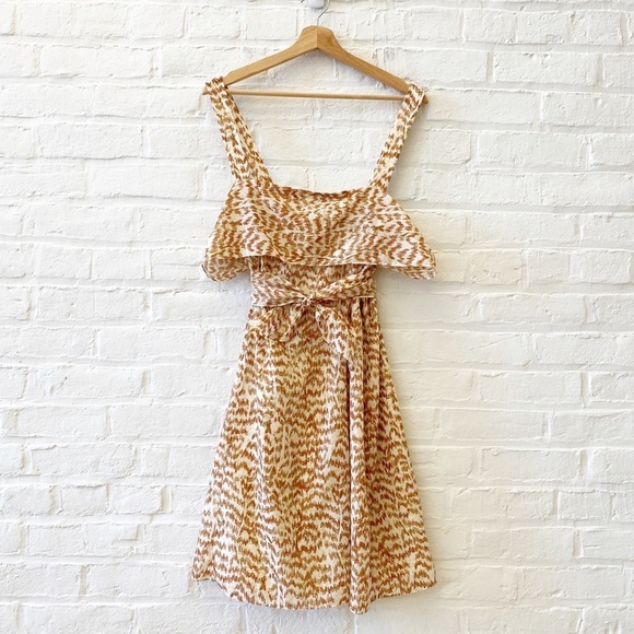 Theory || Drape Back Tiered Mini Dress Wide Strap Sundress in Desert Lawn Tan 12 - Picture 1 of 10